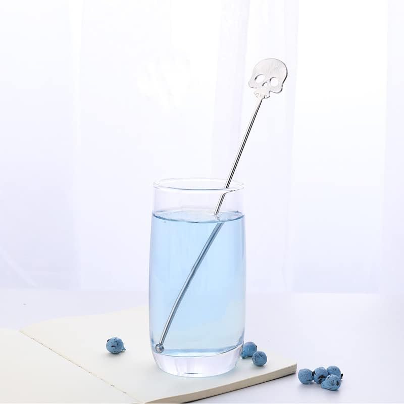 6Pcs Skull Swizzle Sticks 8.7inch Coffee Stirrers Reuseable 18/10(304) Stainless Steel Beverage Cocktail Stirrer for Bar Halloween Party Mixing Drinks