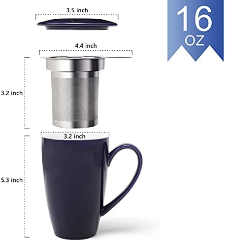amhomel Porcelain Tea Mug with Infuser and Lid, 16 Ounce Ceramic Tea Cup for Loose Leaf, Coffee, Cocoa and Milk, Tea Gift for Tea Lovers, Set of 2(Navy Blue and White)