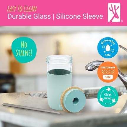 Elk and Friends 24oz Glass Mason Jar – Pack of 4 | Bamboo Straw Lids + Stainless Steel Straws | Smoothie + Iced Coffee + Bubble Tea Cups | Glass Cups with Lids and Straws | Dishwasher Safe