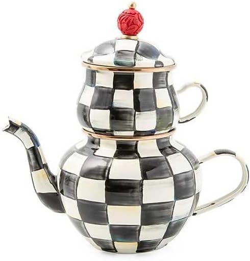 MACKENZIE-CHILDS Enamel High-Tea Teapot, Cup, and Lid, Cute Teapot and Teacup Combo, Black-and-White Courtly Check