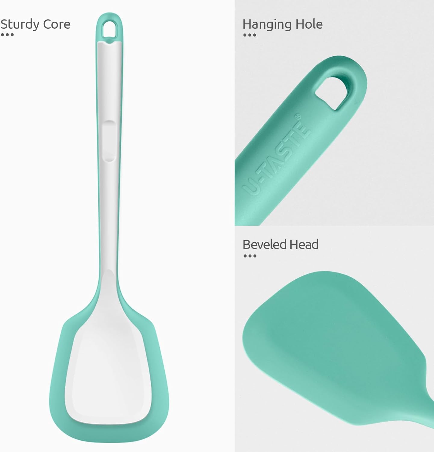 U-Taste 600ºF Heat Resistant Silicone Turners: 13.6in Long Solid & Slotted Kitchen Spatula Flipper, Wide and Large Flexible Cooking Utensil for Flipping Egg, Pancake, Cookie (Aqua Sky, 2PCS)