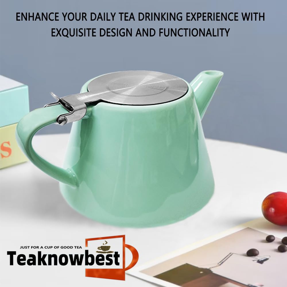 Ceramic teapot, 19oz Tea pot for loose leaf tea, Tea infuser pot with Removable 18/8 Stainless Steel Infuser and teaspoon, Suitable for 1-2 people to brew tea or coffee (azure)