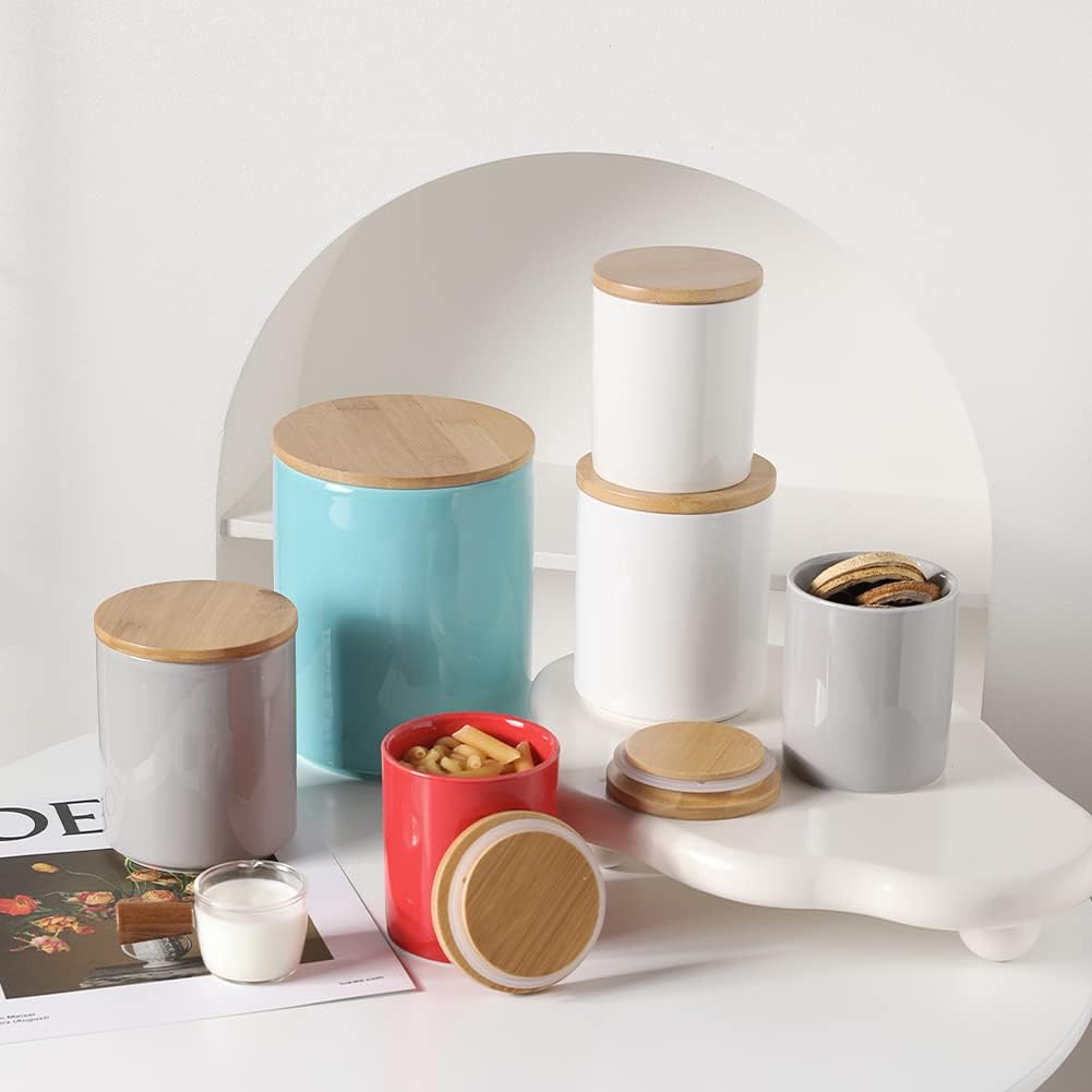 Sweejar Kitchen Canisters Ceramic Food Storage Jar Set, Stackable Containers with Airtight Seal Bamboo Lid for Serving Ground Coffee, Tea,Grains, Herbs,Sugar, Salt and More - Pack of 4(Gray)