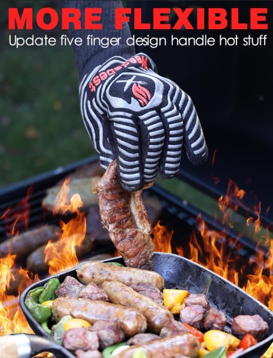 WEEDABEST Hot BBQ Gloves Heat Resistant Kitchen Oven Mitts Professional Long Heat Resistant Cooking Gloves for Grill,Grilling,Smoker,Barbeque,13.5 inch-Gray