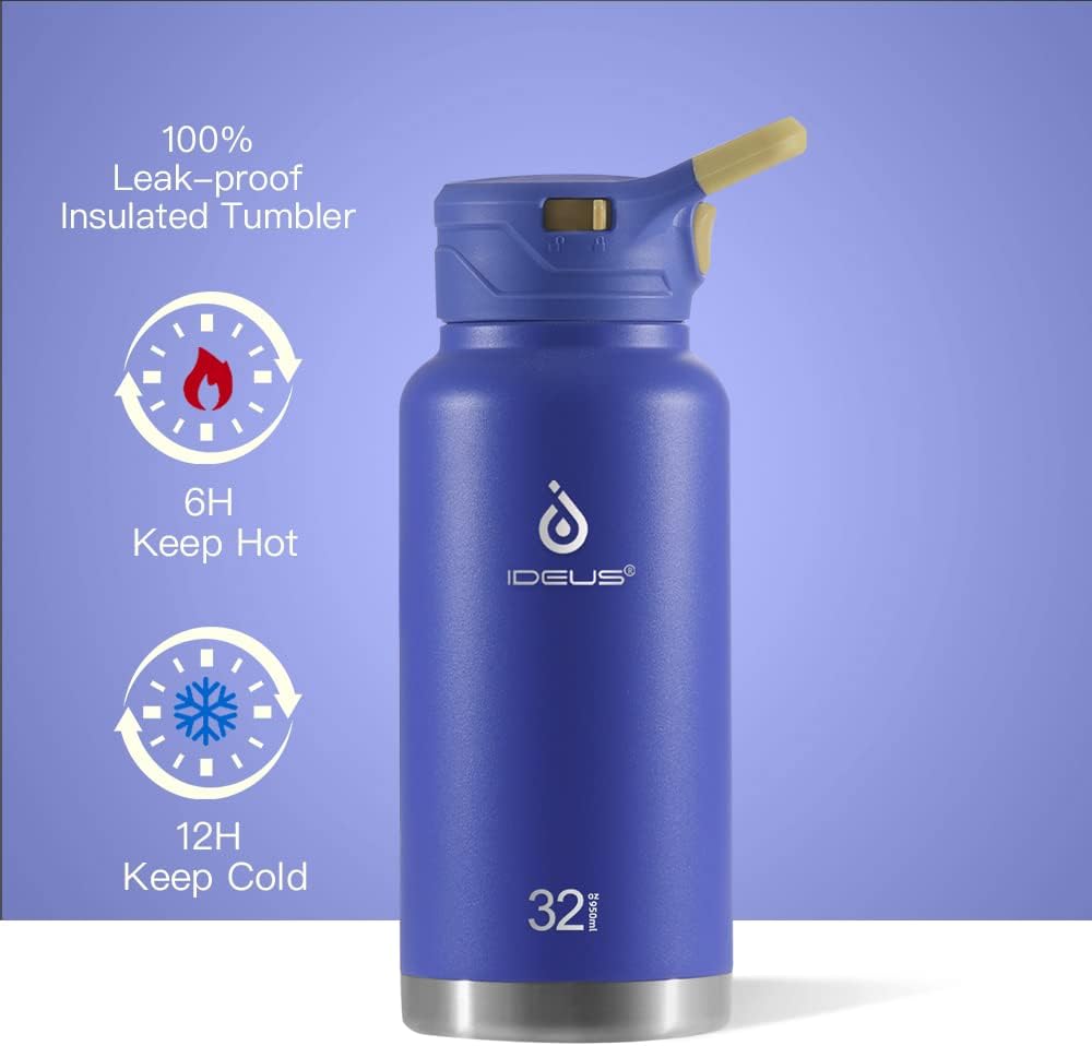 IDEUS Insulated Stainless Steel Water Bottle with 2 Leak-Proof Lids, Thermal Water Flask for Hiking Biking, 32oz, Purple