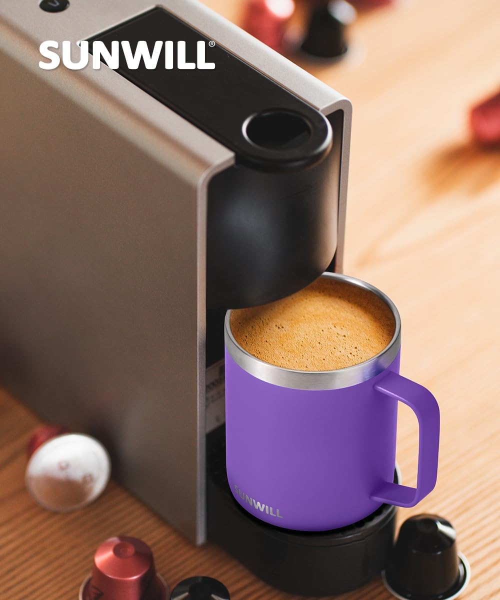 SUNWILL Insulated Coffee Mug with Lid, Travel Tumbler with Handle, 14 oz Stainless Steel Cup for Camping, Office, Home, Powder Coated Purple