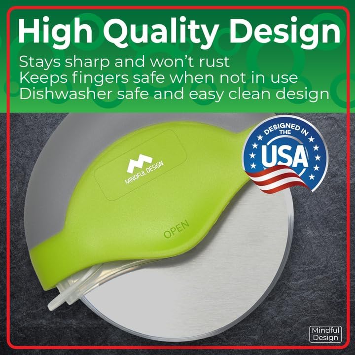 Mindful Design Pizza Cutter Wheel with Protective Blade Cover, Easy to Clean and Dishwasher Safe Ergonomic Pizza Slicer (Green)