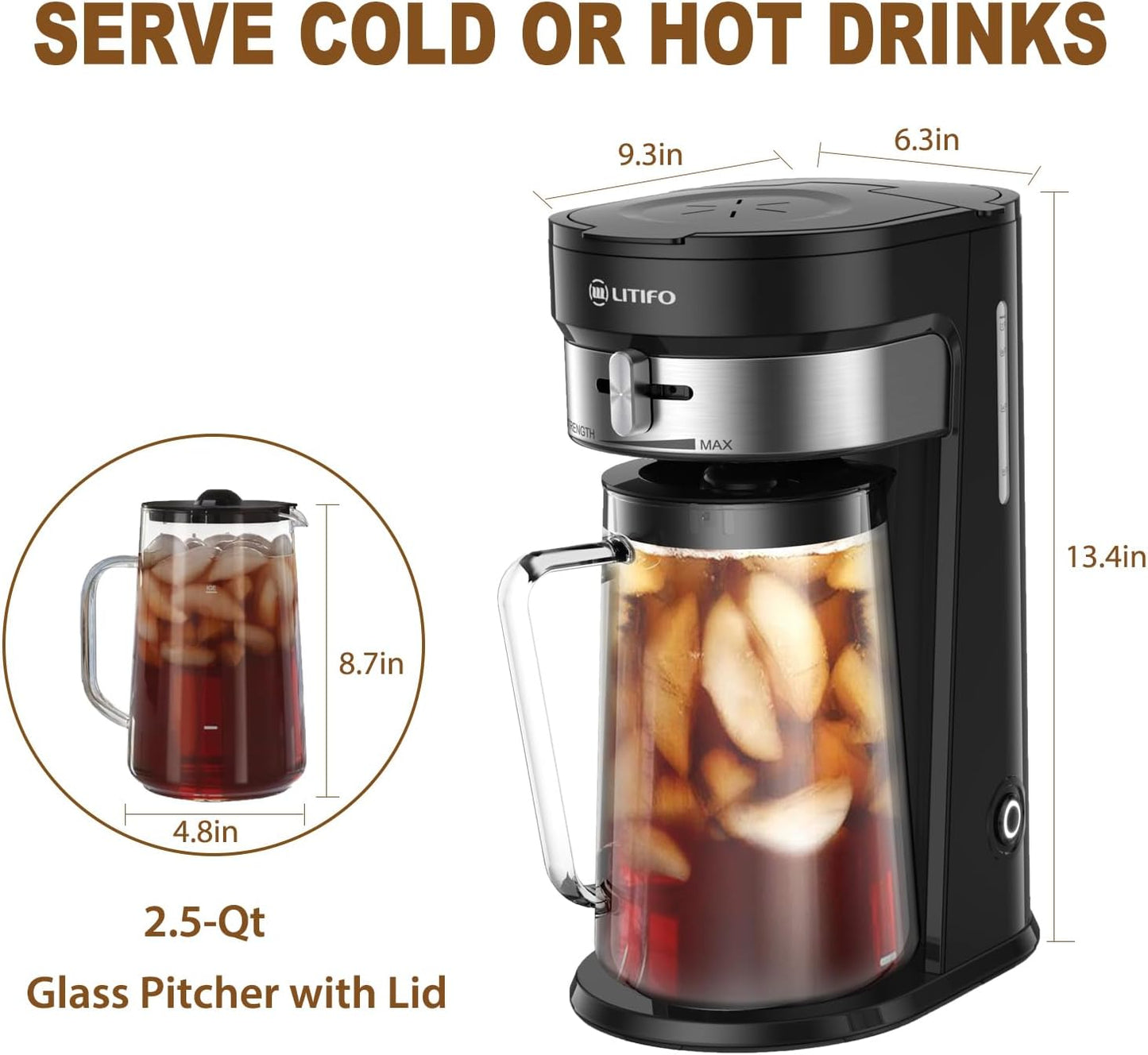 LITIFO Iced Tea Maker and Iced Coffee Maker Brewing System with 2.5-quart Pitcher, sliding strength selector for Taste Customization, Stainless Steel (Black 2.0)