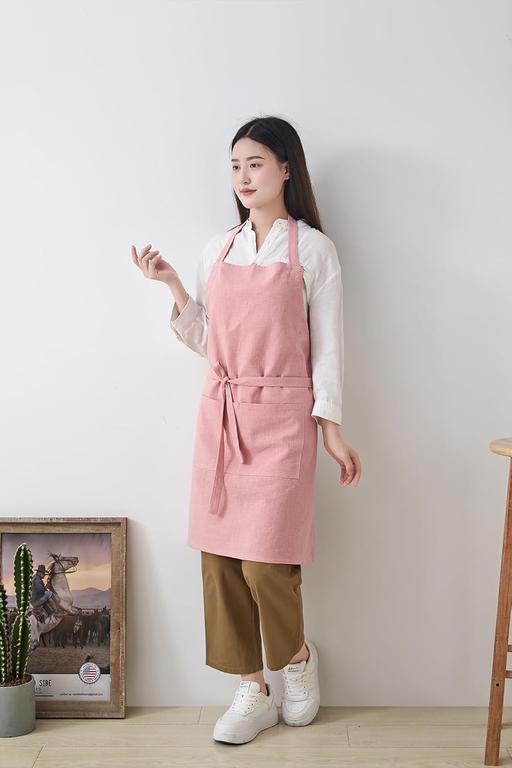 Cotton Linen Apron for Women - Adjustable Casual Apron with Pocktes, Great for Florist, Coffee House and Kitchen