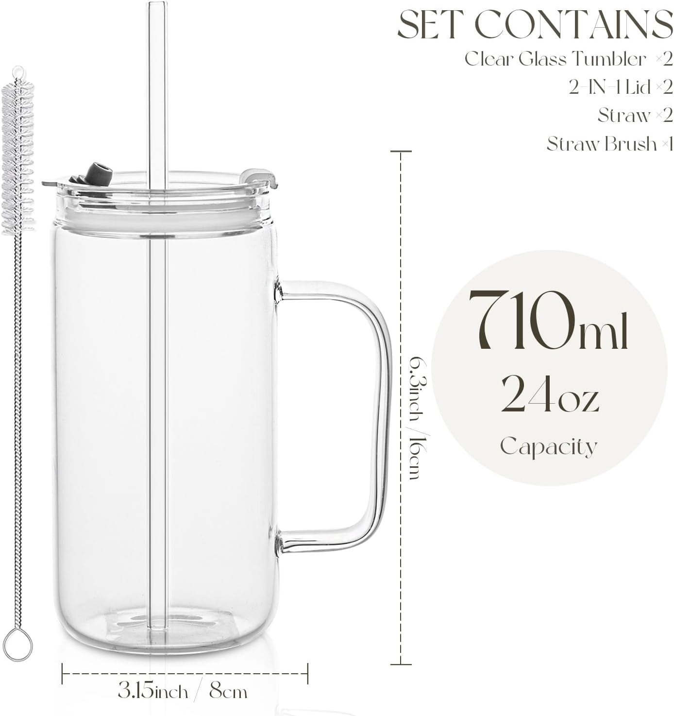 24oz Glass Tumbler with Lid and Straw - Leak Proof Travel Cup with Handle, Reusable Drinking Glass for Iced Coffee, Smoothies & Tea, Dishwasher Safe Spill-Proof Water Bottle for Home, Office, Gym