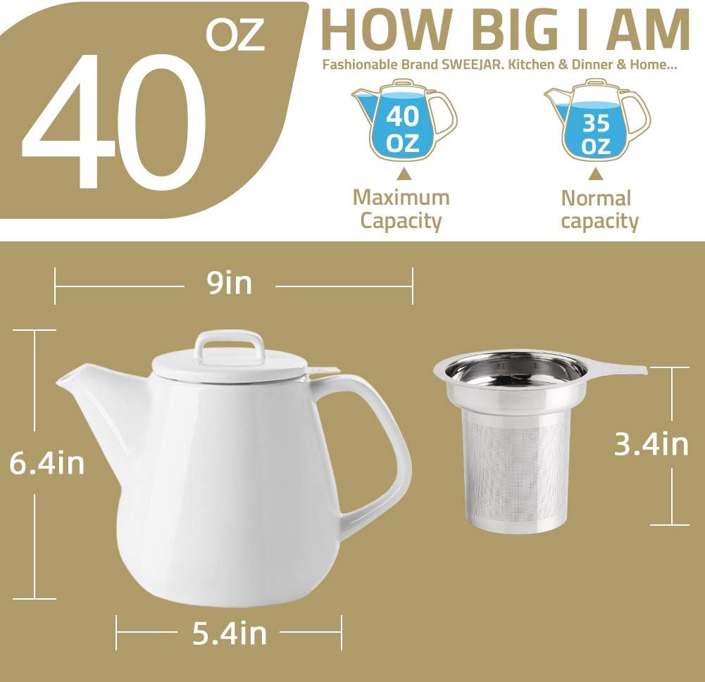 Sweejar 40oz Tea pot with Removable Stainless Steel Infuser,Dishwasher Safe Tea Pots for Loose Tea,Tea Pots with Infuser for Chrismas Women Gift(Jade)