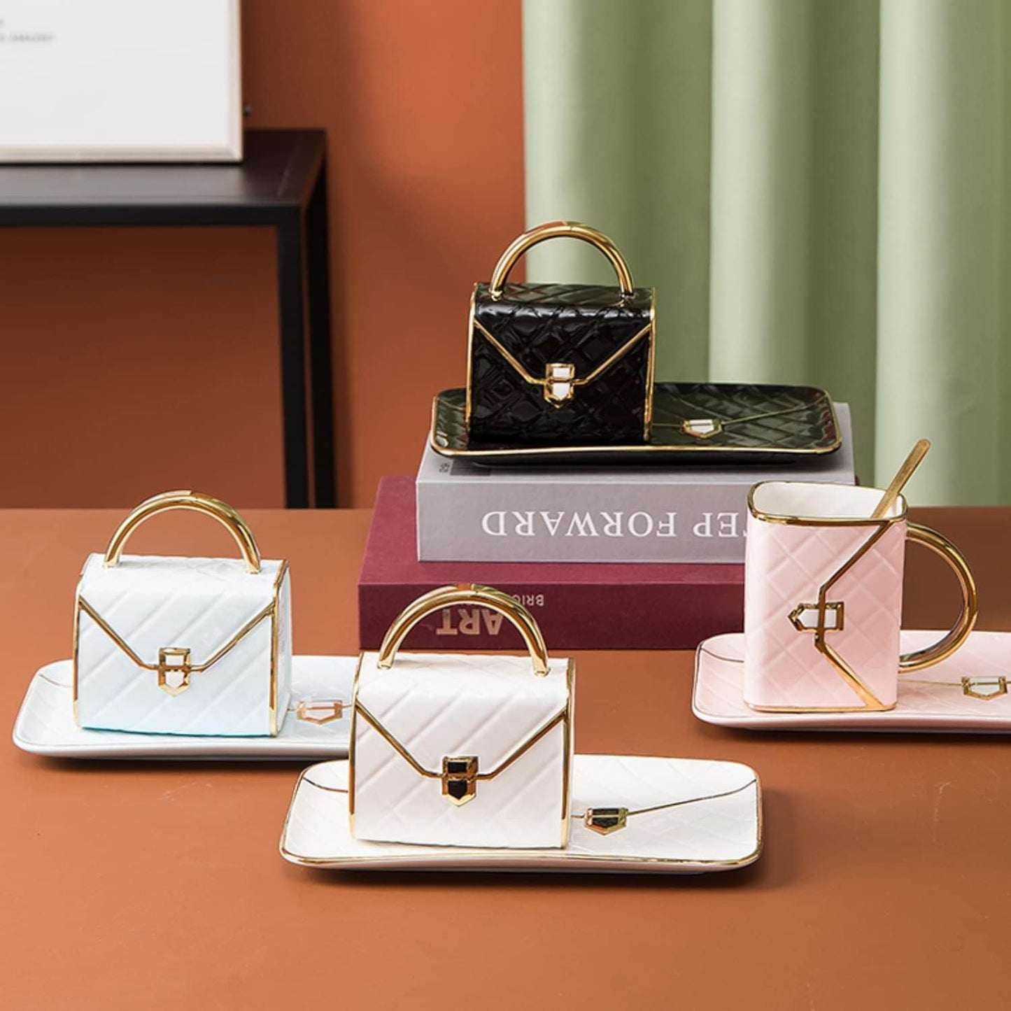 YnsfreeCeramic Purse Coffee Mugs Set Tea Cup Unique Bag shaped mug and Saucer Set with Spoon and Saucer For Women Thanksgiving Christmas Gifts (White)