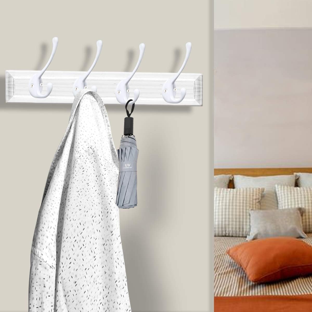 10 Pack Heavy Duty Dual Coat Hooks Wall Mounted with 20 Screws Retro Double Hooks Utility Black Hooks for Coat, Scarf, Bag, Towel, Key, Cap, Cup, Hat (White)
