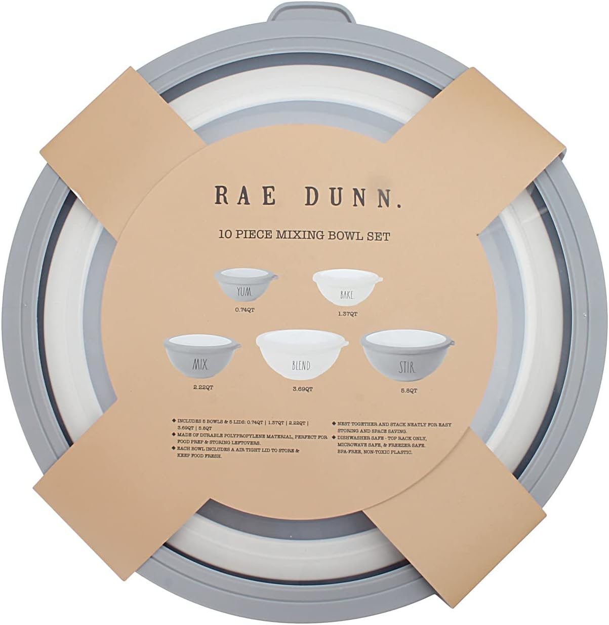Rae Dunn Mixing Bowls with Lids - 10 Piece Plastic Nesting Bowls Set includes 5 Prep Bowls and 5 Lids (Grey)