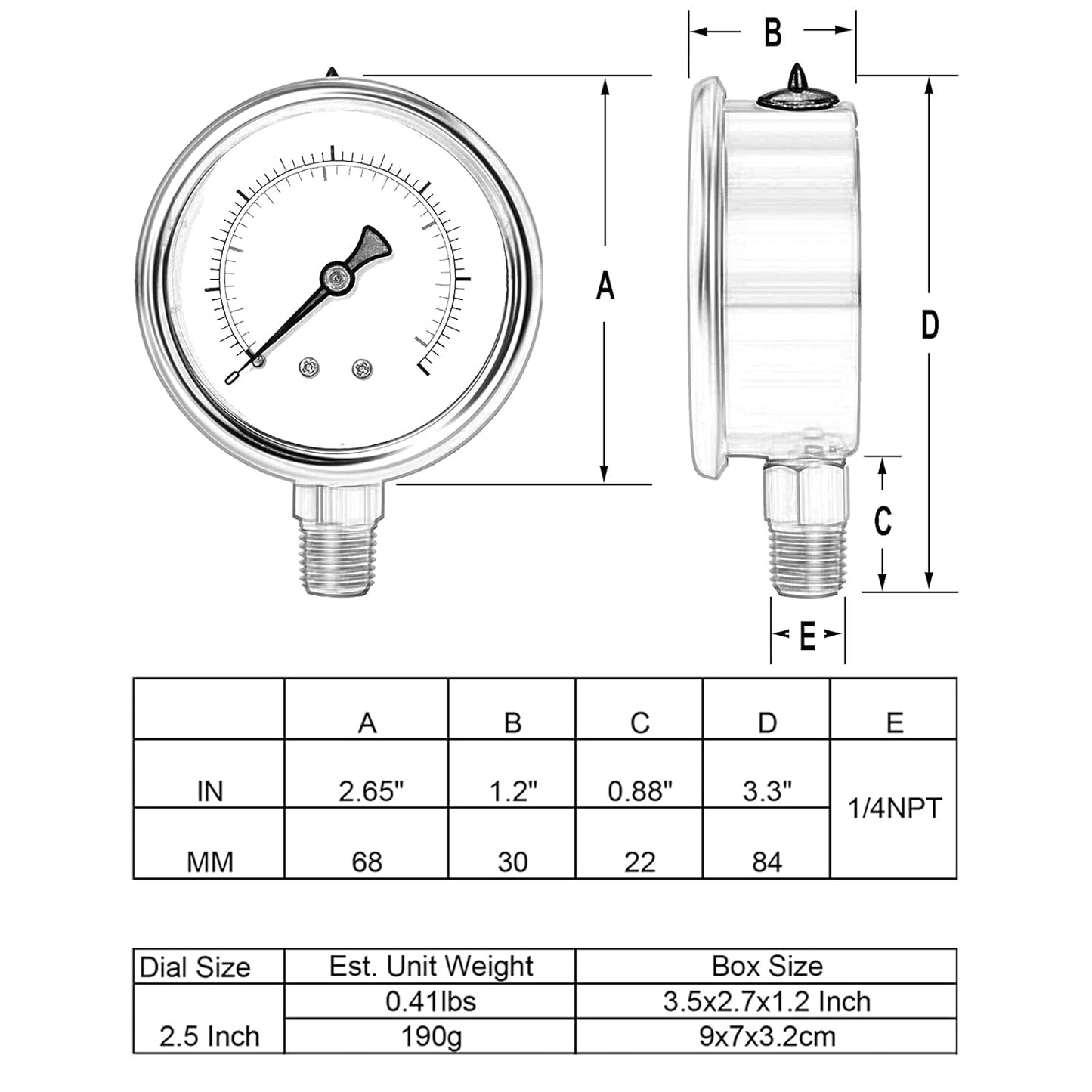 Glycerin Filled Low Pressure Gauge 50psi/3.5bar, Stainless Steel case, Brass Inside Construction, 2-1/2" dial, 1/4" NPT Rear Connection.