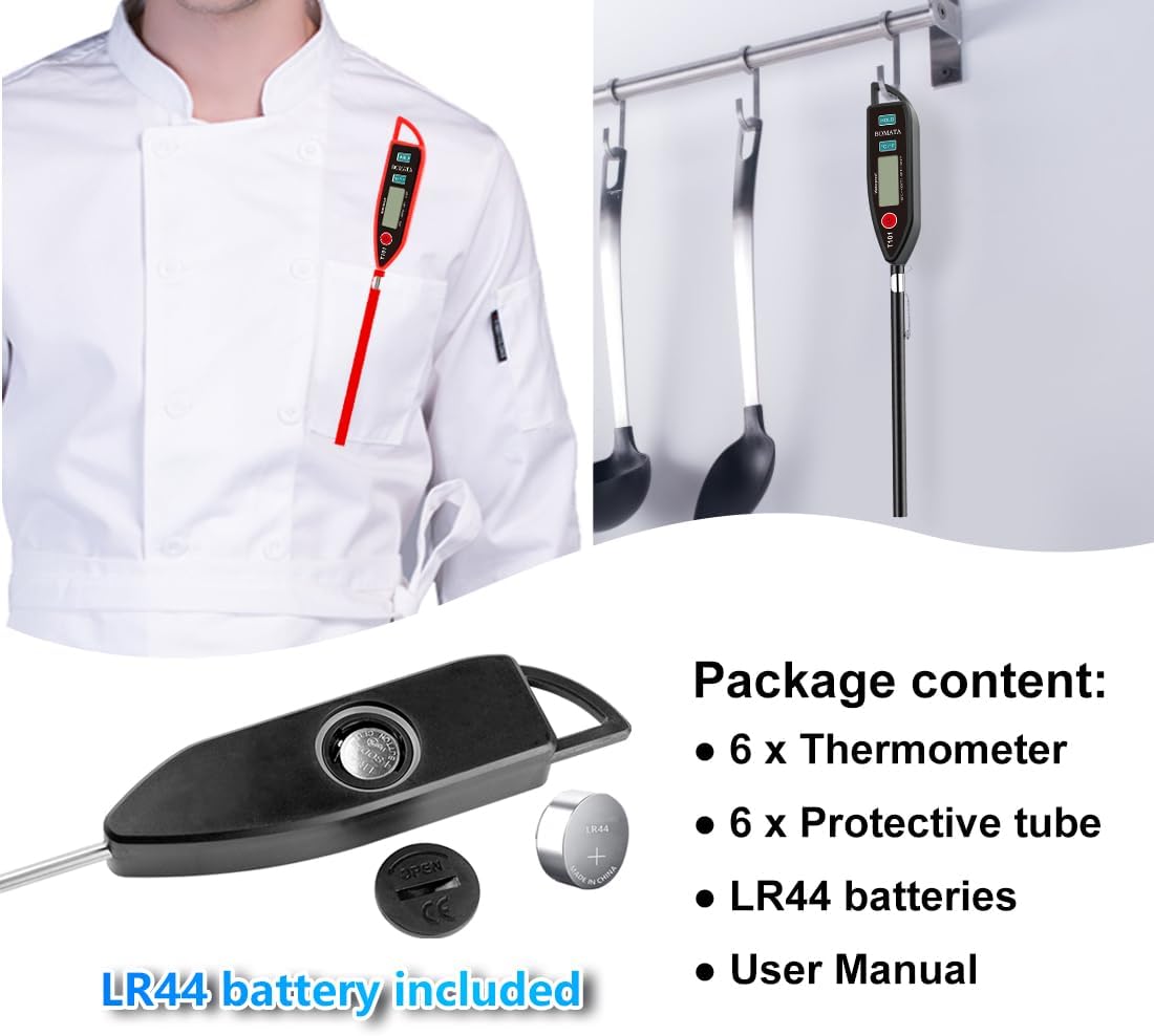 BOMATA 6 Pack Waterproof IPX7 Meat Thermometer Instant Read Food Thermometer with Long Probe for Water, Liquid, Kitchen Cooking, Grill,BBQ ! T101 X 6 Pcs (Black & Red & White)…