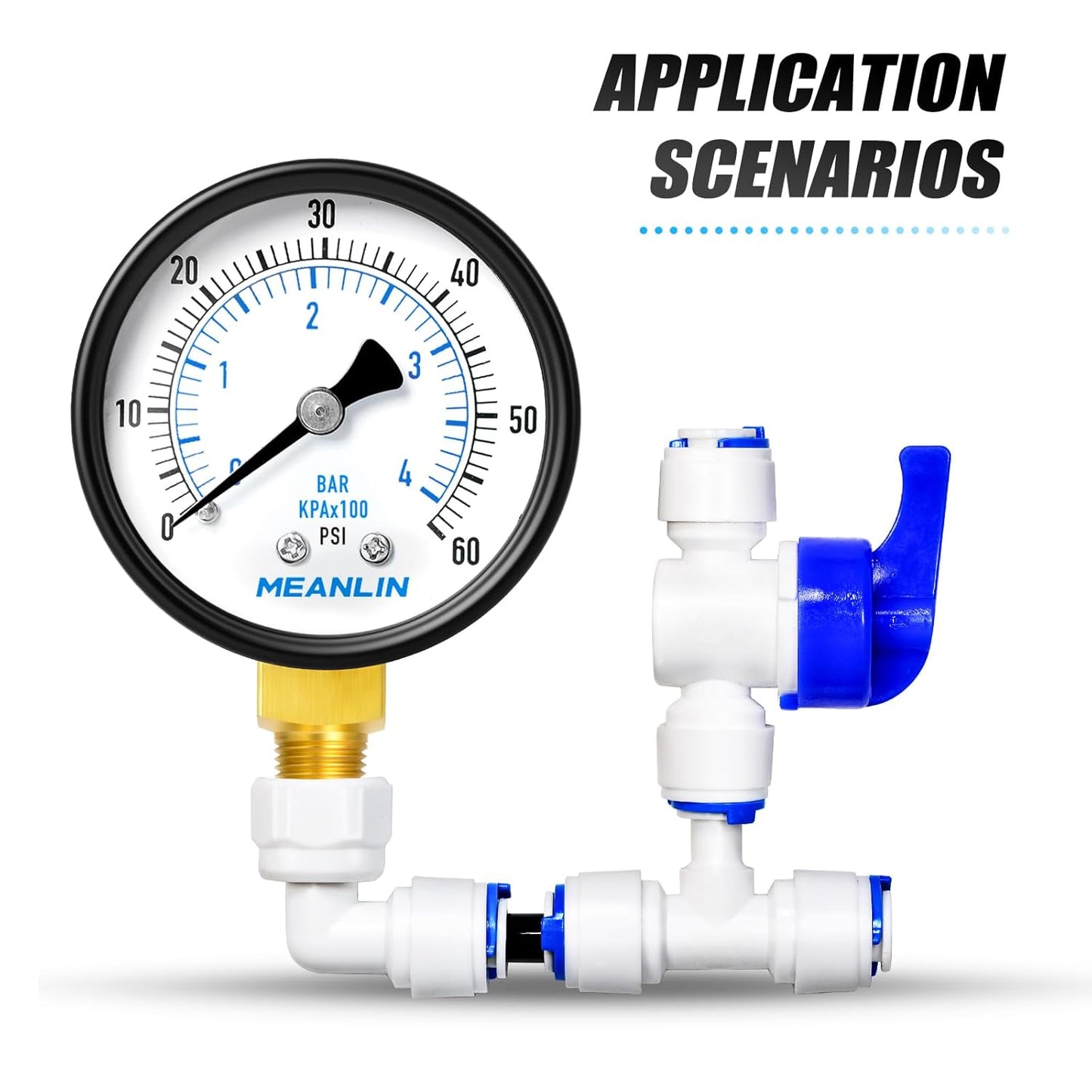 MEANLIN MEASURE 0-60Psi Well Pump Pressure Gauge 1/4" NPT 2" FACE DIAL for Pool Filter Pump Water Oil Air Compressor Tire Pressure Tester Back Mount, with Teflon Tape