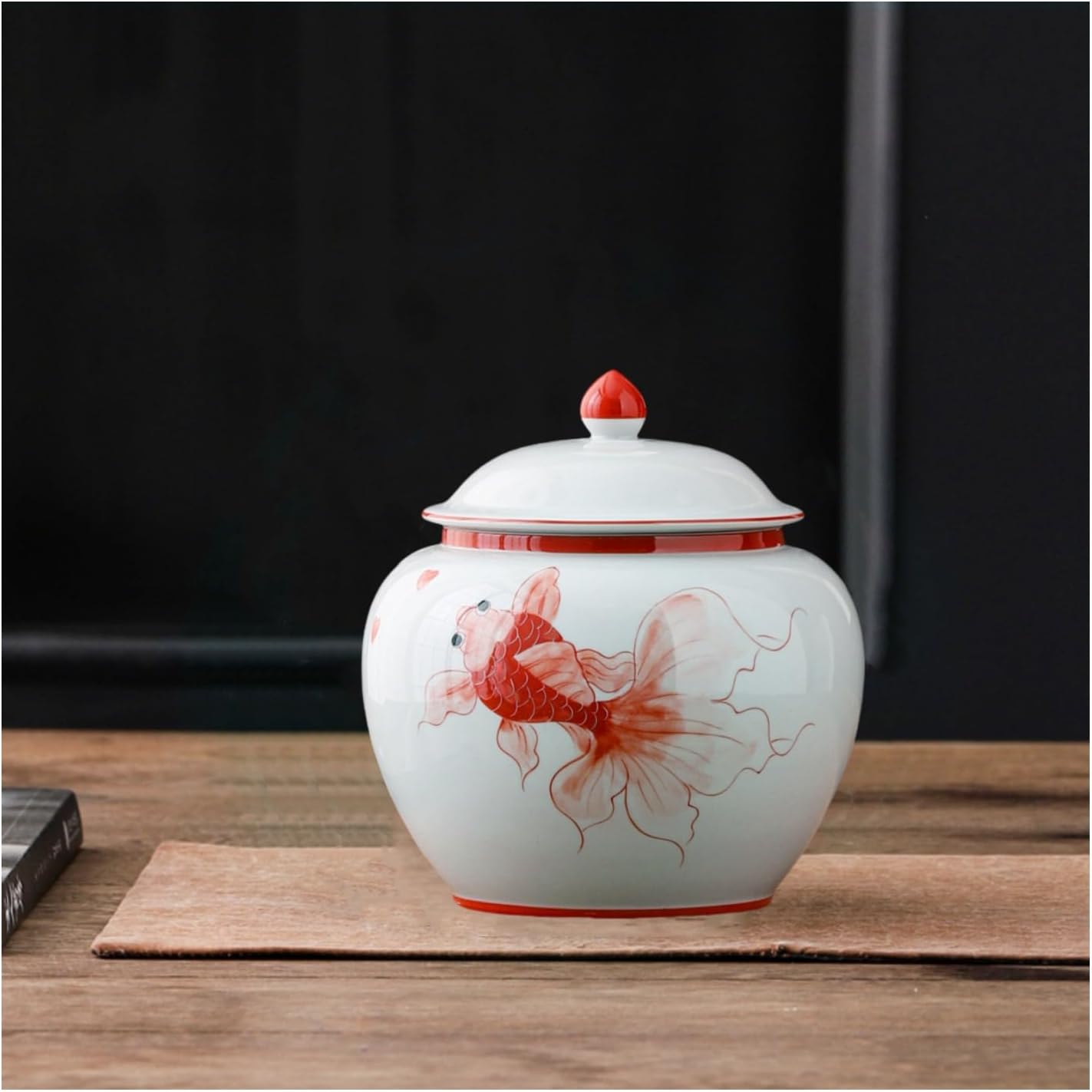 5 inches Ginger jar Lid - red fish decorative Ceramic Ginger jar vase with Lid, chinoiserie gift koi decor small jars for Home decor/jewelry/Tea/coffee beans/Storage