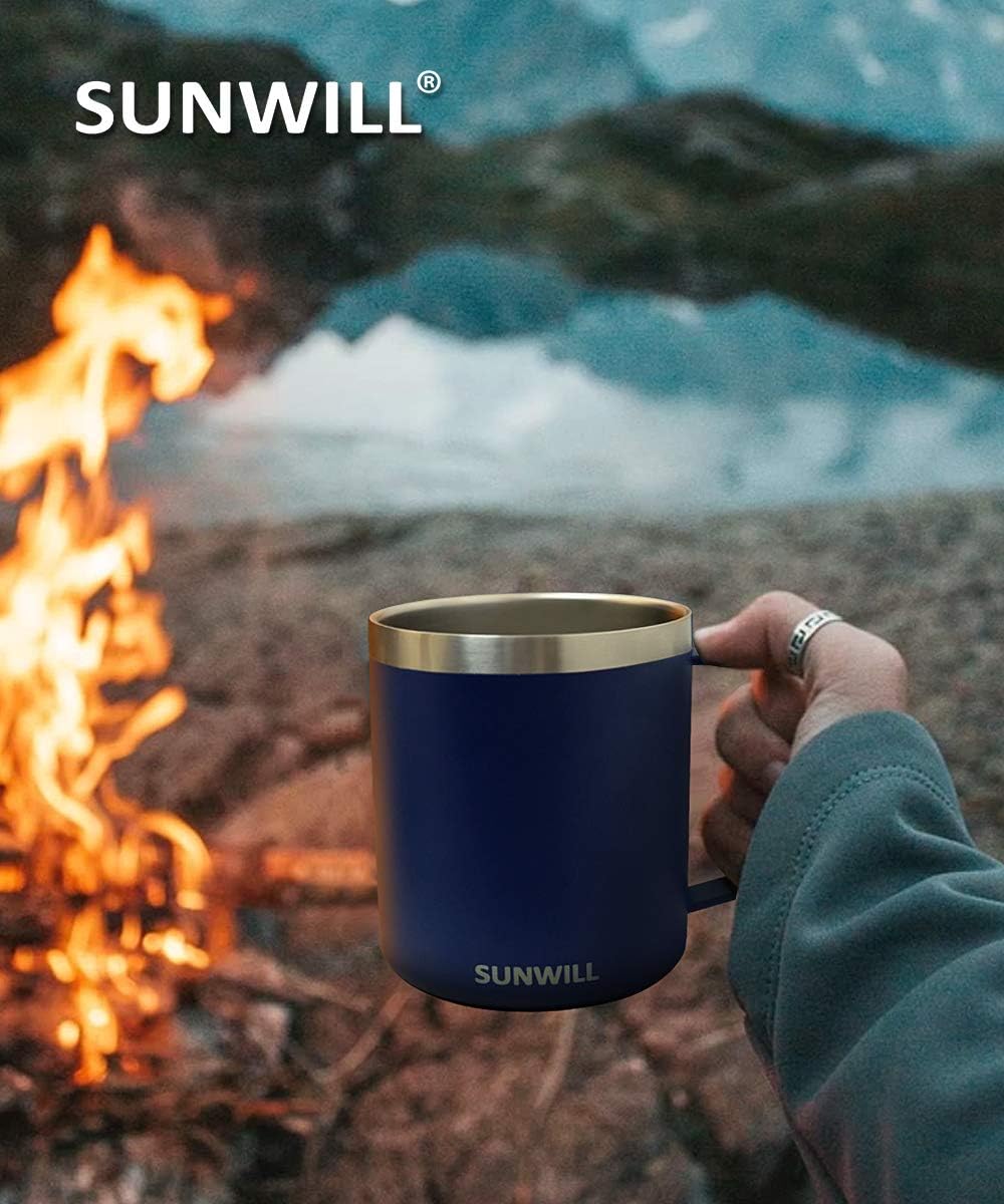 SUNWILL Travel Coffee Mugs Set of 4, Insulated Tumbler with Lid, 14oz Stainless Steel Cup with Handle Bulk for Gift, Camping, Office, Powder Coated Navy Blue