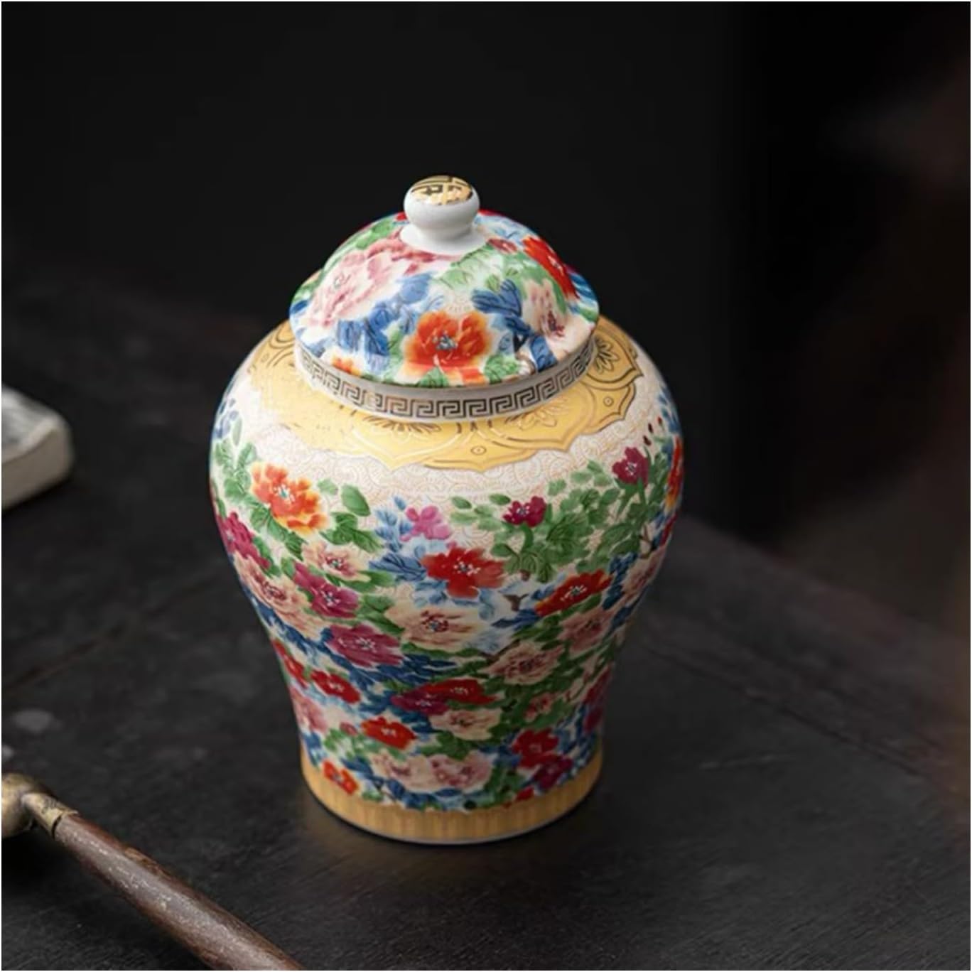 8 inches Ginger Jar with Lid- colored flowers pattern Ceramic Decorative small Ginger Jars, chinoiserie gift Enamel decor jar for Home/Kitchen/Dining/living room/shelf decor/Tea Storage
