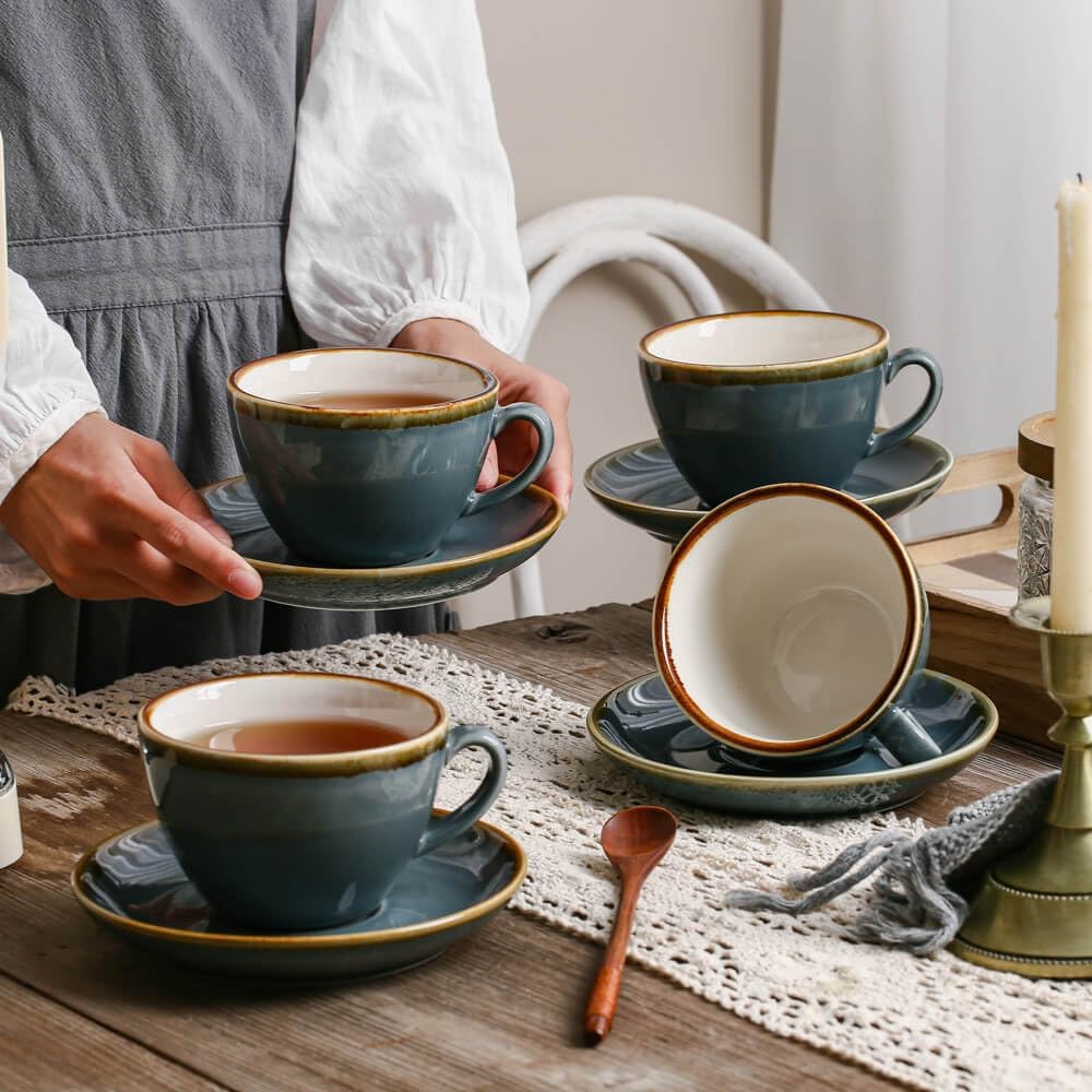 SHUER Ceramic Cappuccino Cup Set of 4, 11.2 OZ Cups and Saucers Set,Coffee Mocha Cup Sets,Black Coffee Cups and Glaze Americano Mug Great for Party and Low Tea Time (Blue 320ml)