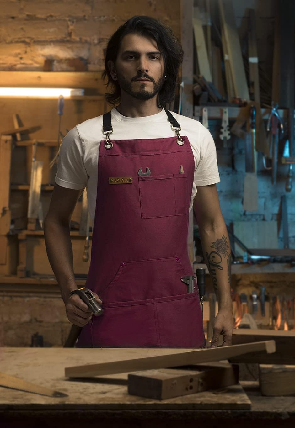 Asaya Chef and BBQ Apron with Bottle Opener and Hand Towel - 10oz Cotton Canvas, Stainless Steel Hardware - Cross Back Straps