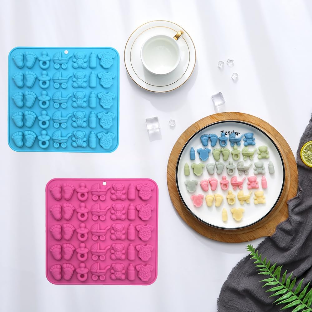 2 Pack Baby Shower Chocolate Molds - Baby Feet, Baby Onesie Baby Bottle Pacifier Baby Carriage Bear Mold, Baby Silicone Mold for Candy Gummy Cake Cupcake Decoration Chocolate