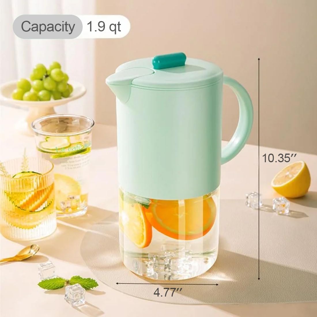 Delove Borosilicate Glass Pitcher with Lid & Auto Spout – Shatterproof Plastic Shell, Wide Mouth Design – 62 oz (1.9 Quart) Jug for Boiling Water, Iced Tea, Juice & Cold Brew Coffee (1, Light blue)