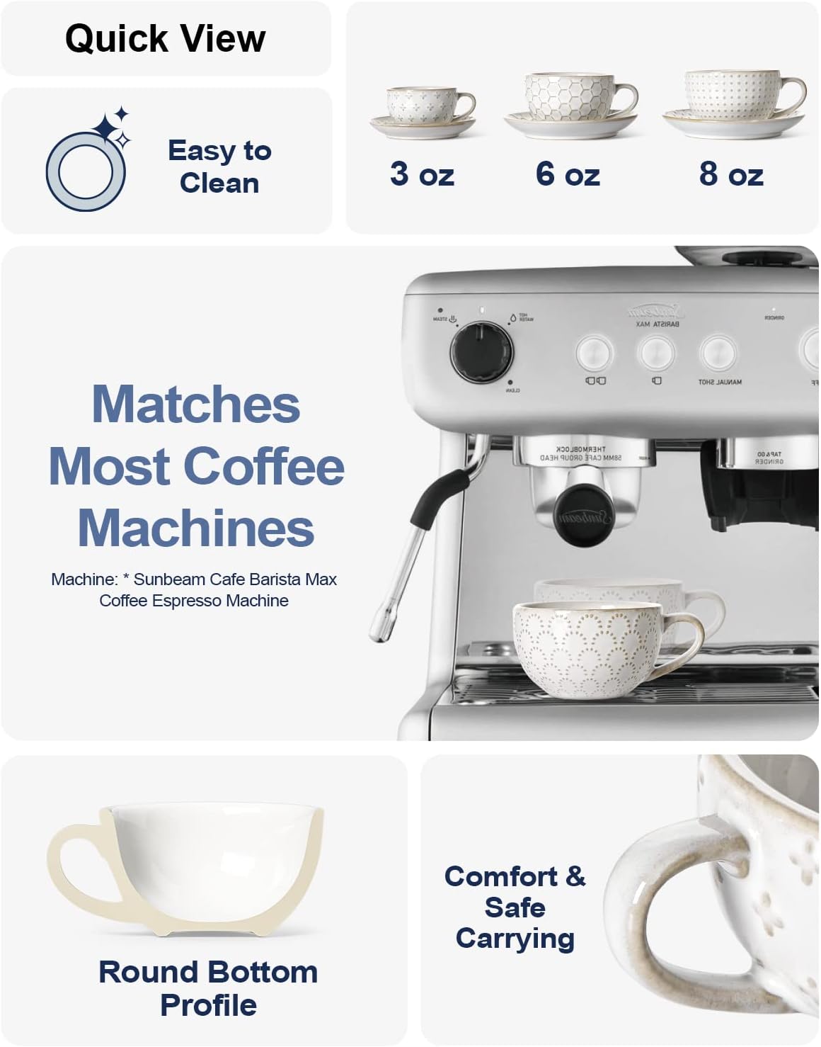 LE TAUCI Espresso Cups with Saucers 3 oz, Ceramic Embossment Coffee Cup for Double shot, Lungo, Ristretto,Dishwasher Safe - Set of 4, Arctic white