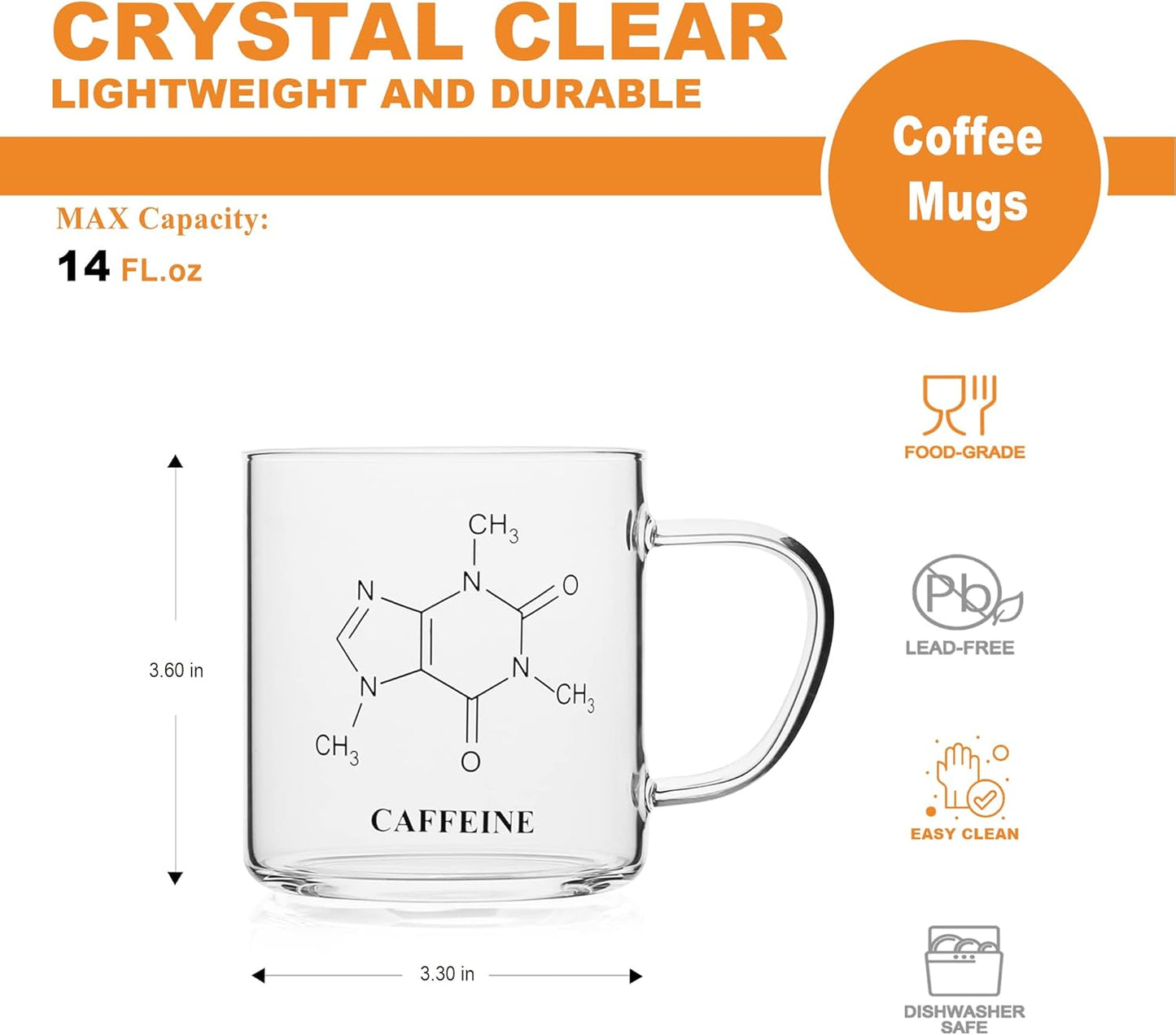 LUXU Glass Coffee Tea Mugs Set of 2,Clear Coffee Cups for Hot or Cold Beverages,Large Wide Mouth Drinking Glasses,Great for Mocha,Latte,Milk,Cappuccino,Water and Juice -14 oz