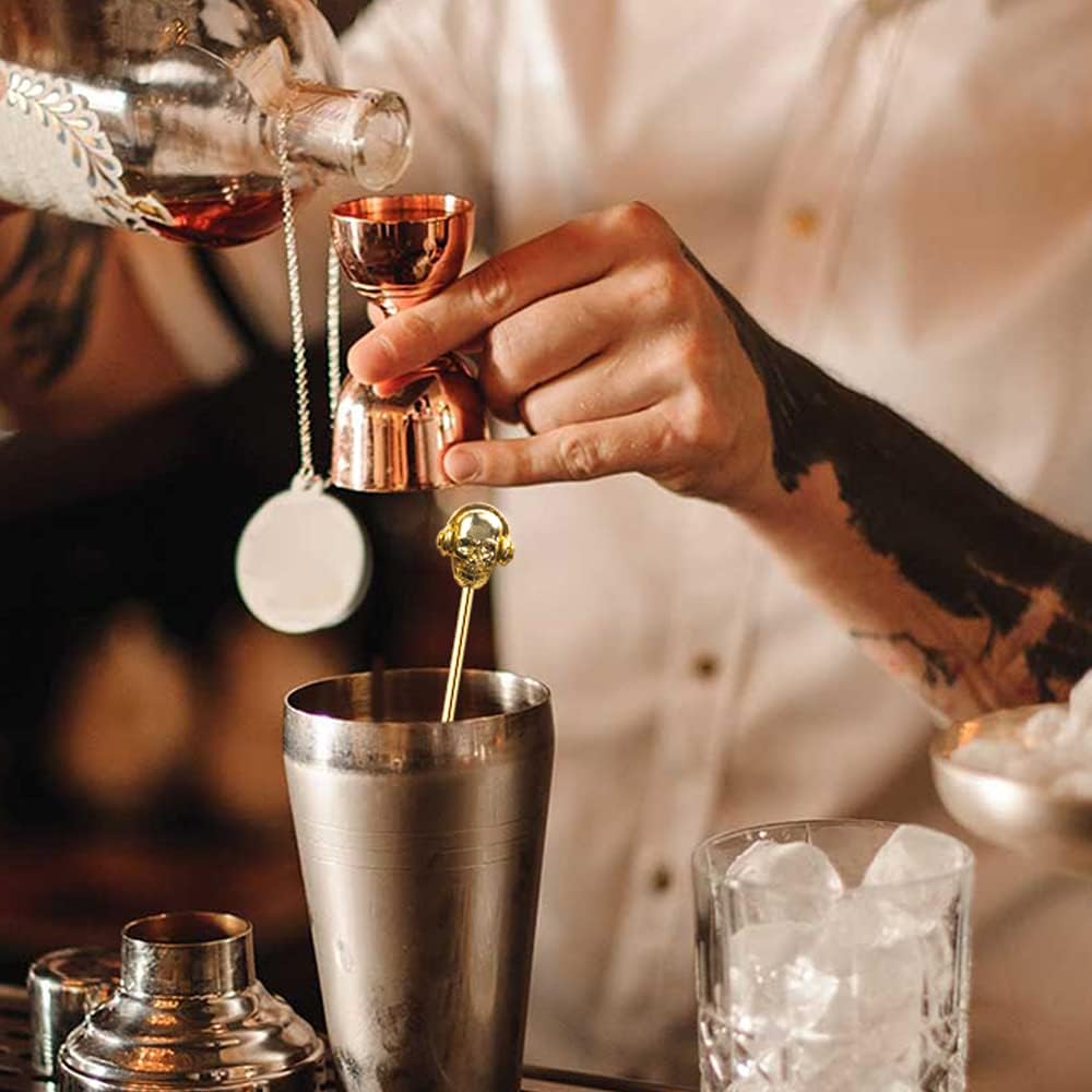 Skull Shape Swizzle Sticks, Reusable Stainless Steel Coffee Beverage Stirrers Cocktail, 5-Pack Drink Stir Sticks for Bar Party Home Office (Gold)