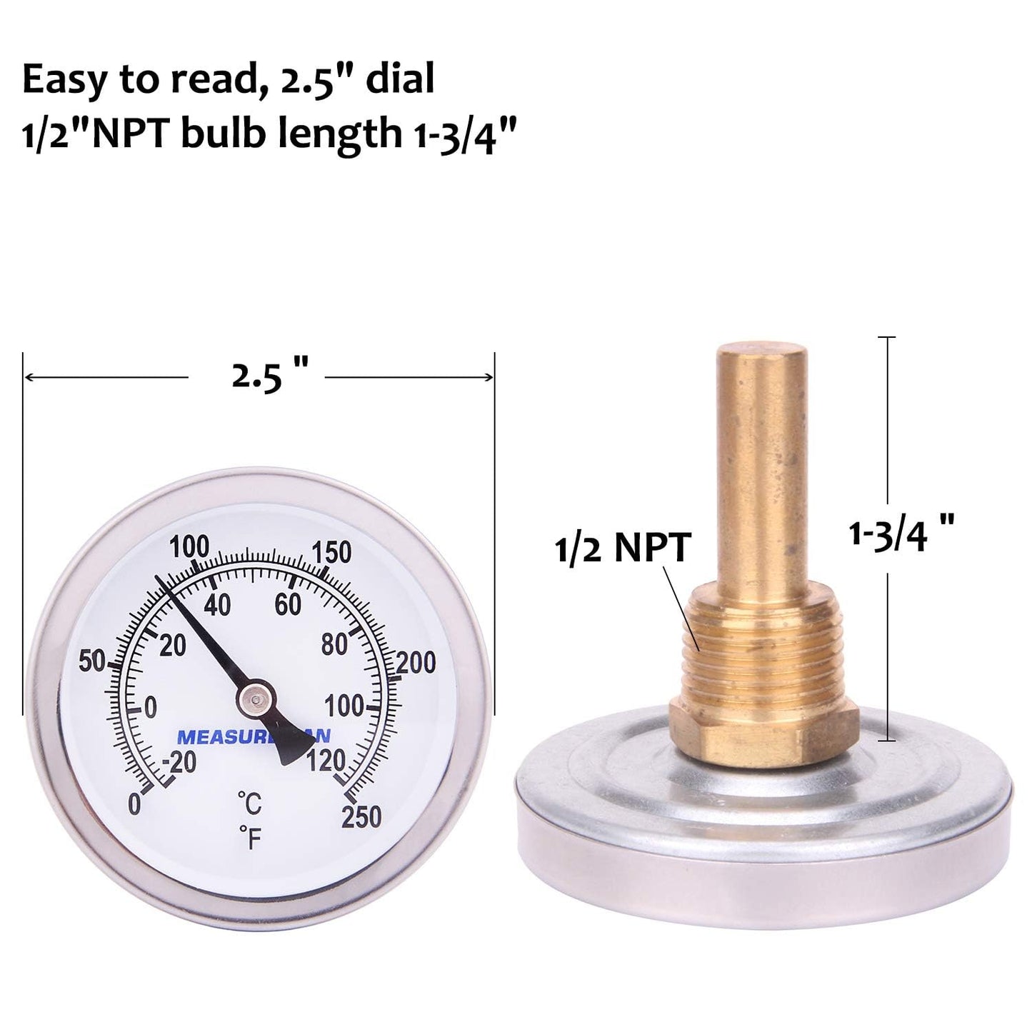 MEASUREMAN Hot Water Bi-Metal Thermometer, 2-1/2" Dial, 1-3/4" Lead-Free Brass Stem, Range 0-250 deg F/-20-120 deg C, 2% Accuracy, Adjustable, 1/2" NPT Back Mount(2 Pack