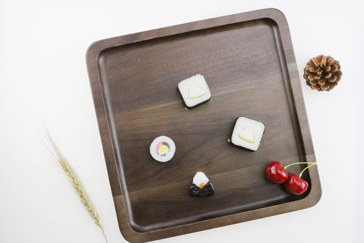 Rustic Walnut Wooden Tray Solid Wood Serving Tray Square Rectangle Platter Tea Tray Coffee Table Tray (Large Square with Grooves(11x11x1inch))