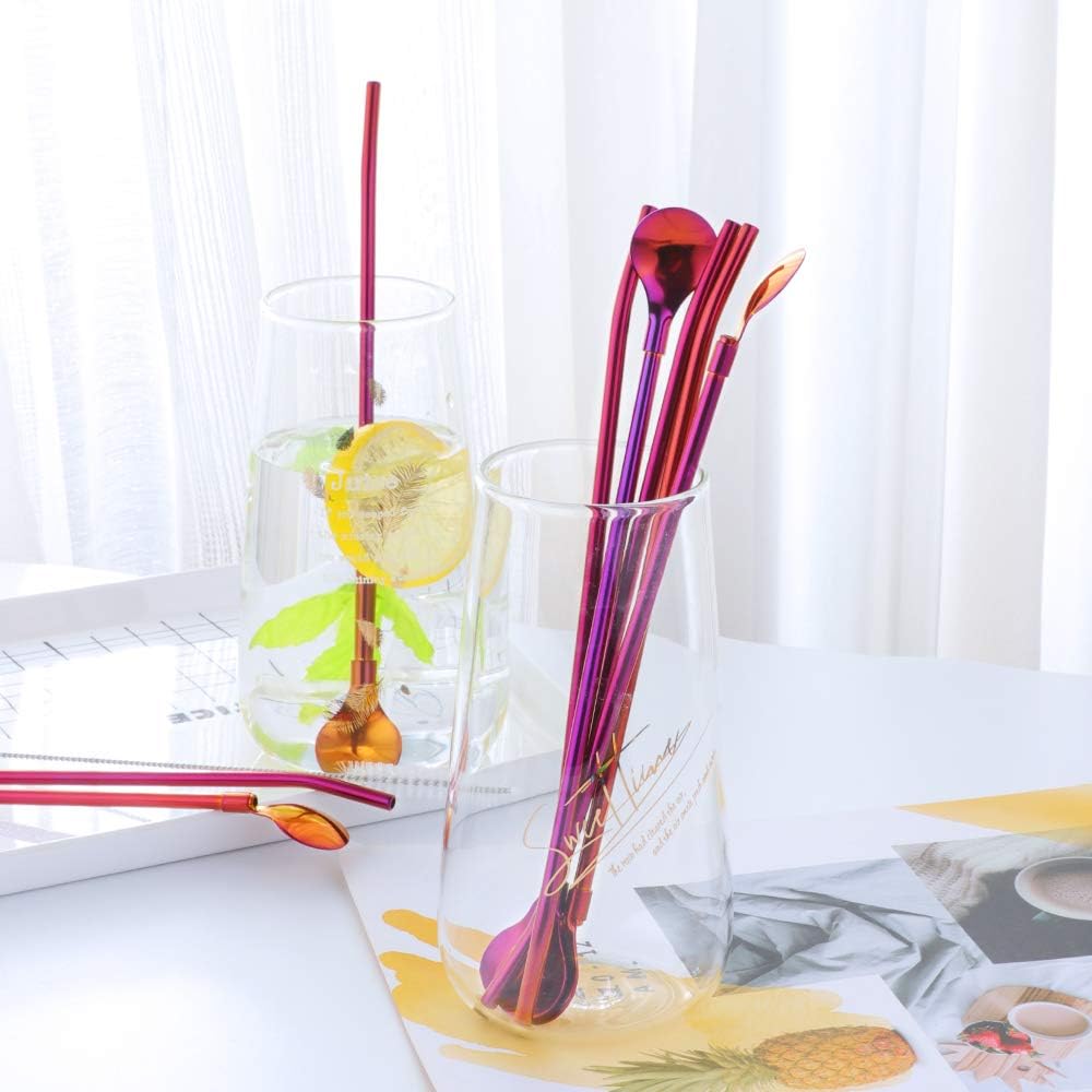 Straw Spoon, 8PCS 8.5inch Orange Red 18/8(304) Stainless Steel Metal Straws Reusable + 2 Brushes