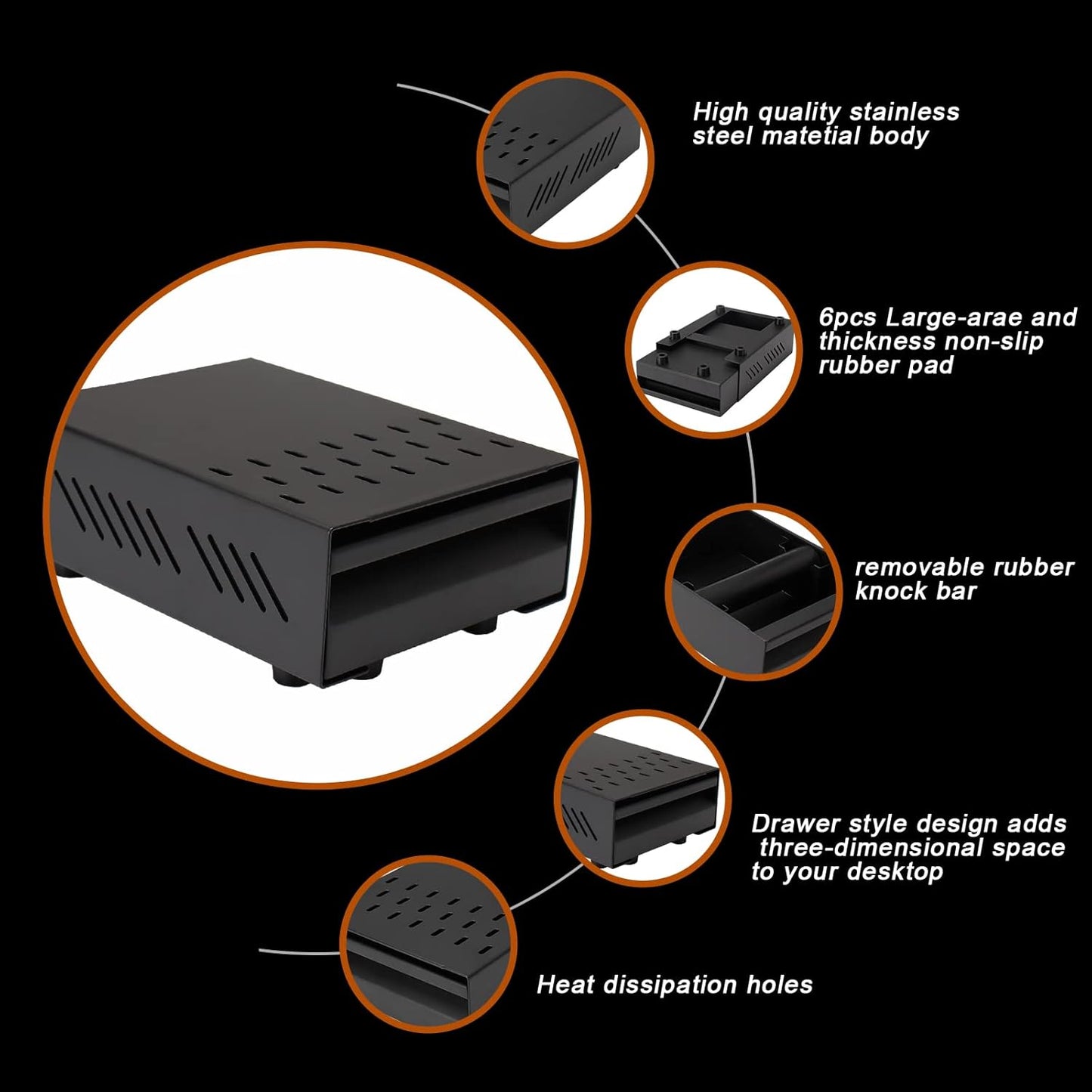 Espresso Knock Box Drawer, Stainless Steel Coffee Ground Container with Removable Rubber Knocking Bar, 9.84 x 7.08 x 3.34 inch (Black)