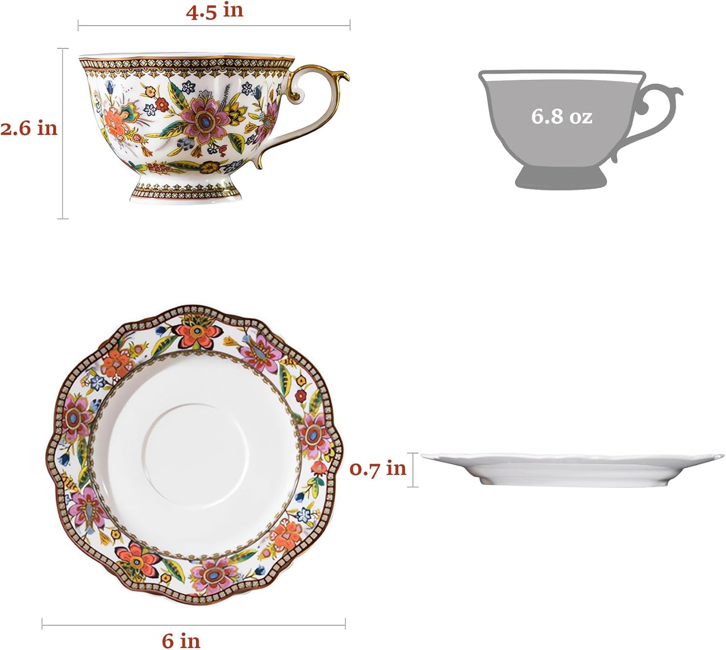 ACMLIFE Bone China Tea Cup and Saucer Set for 1, Vintage Floral Tea Cup with Saucer, Spoon and Gift Box, 6.8 oz (Pink-A)