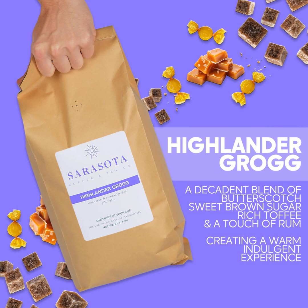 Sarasota Coffee Whole Bean Highlander Grogg | Medium Roast Gourmet Flavored Coffee Beans | Low Acid, Mold Free, Specialty Grade Flavored Bulk Beans | 5lb (80 oz)