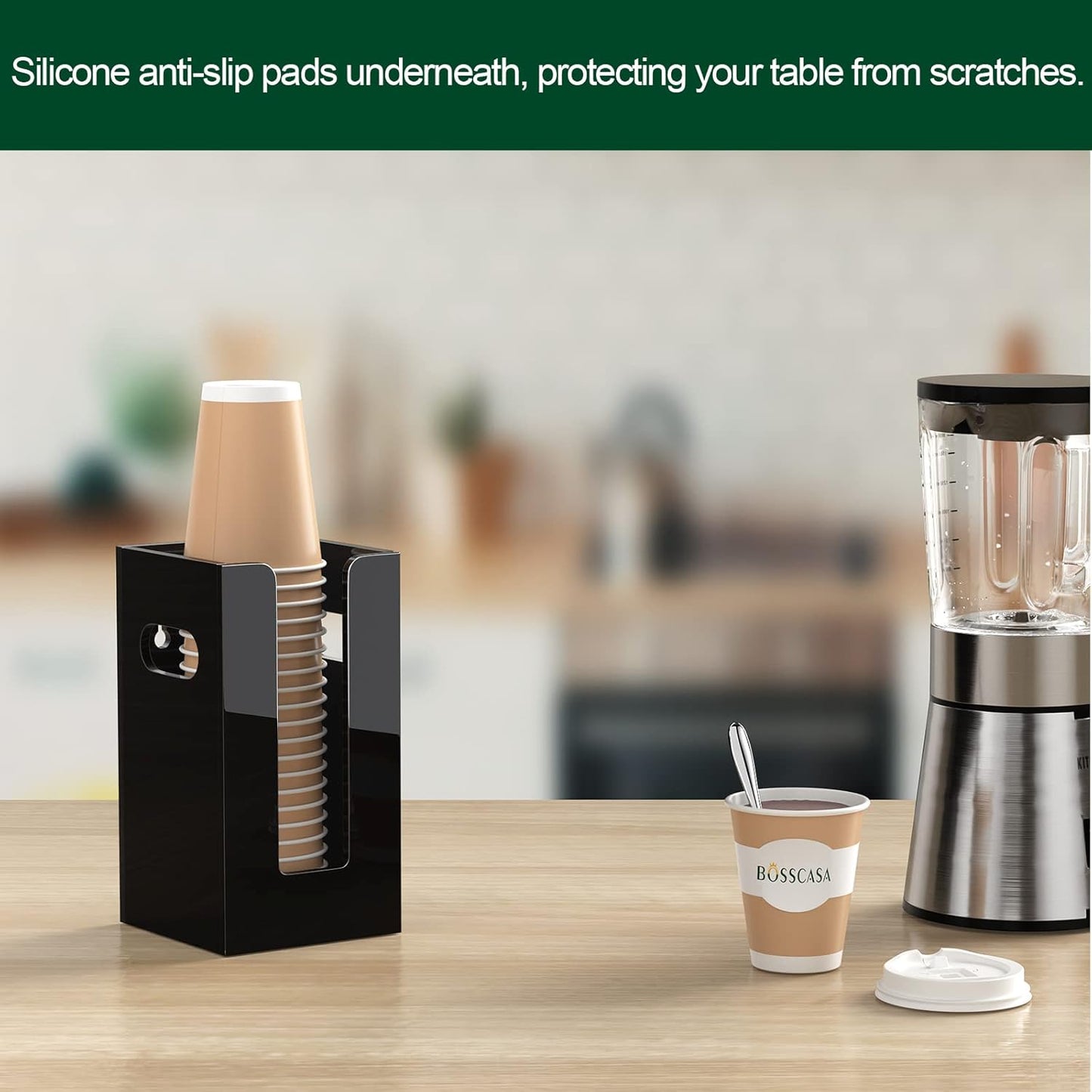 Disposable Coffee Cup Dispenser with Handles, Countertop or Wall Mount Hot/Cold Drink Cup and Lid Holder - Bathroom/Kitchen/Office Acrylic Cup Lid Storage Organizer (1 Compartment, Black)