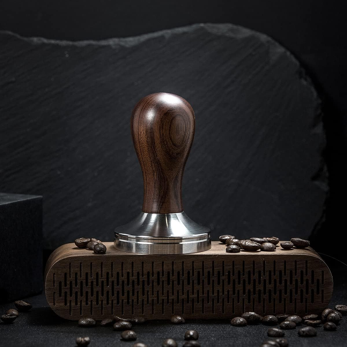 Coffee Tamper Espresso Press with Tamper Mat 304 Stainless Steel Flat Base Wooden Handle for Coffee Grounds Barista Espresso Machines Accessory (53MM)