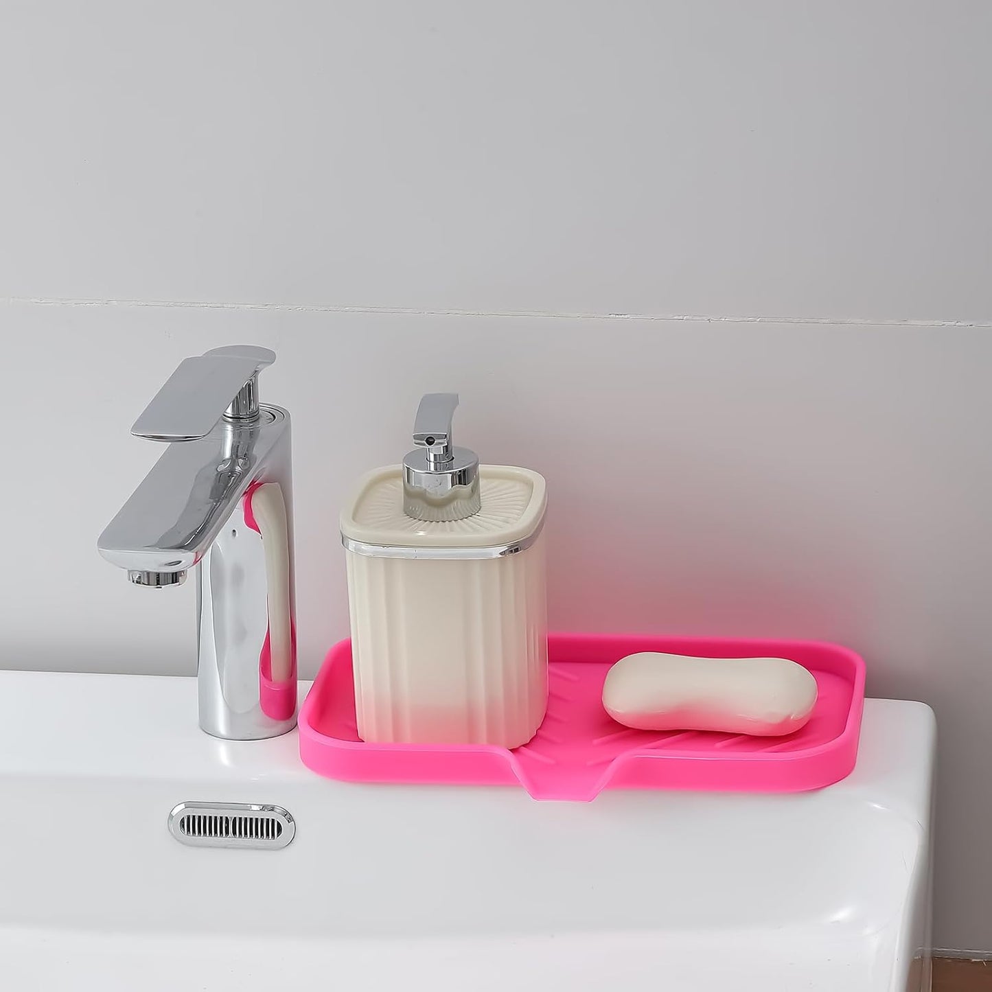 Silicone Bathroom Soap Dishes with Drain Spout-Bathroom and Kitchen Sink Organizer,Sponge Holder,Dish Soap Tray,Perfect for Dispenser,Scrubber,Bottle,Cup on Sink or Counter-Rose 9.6"×5.3"