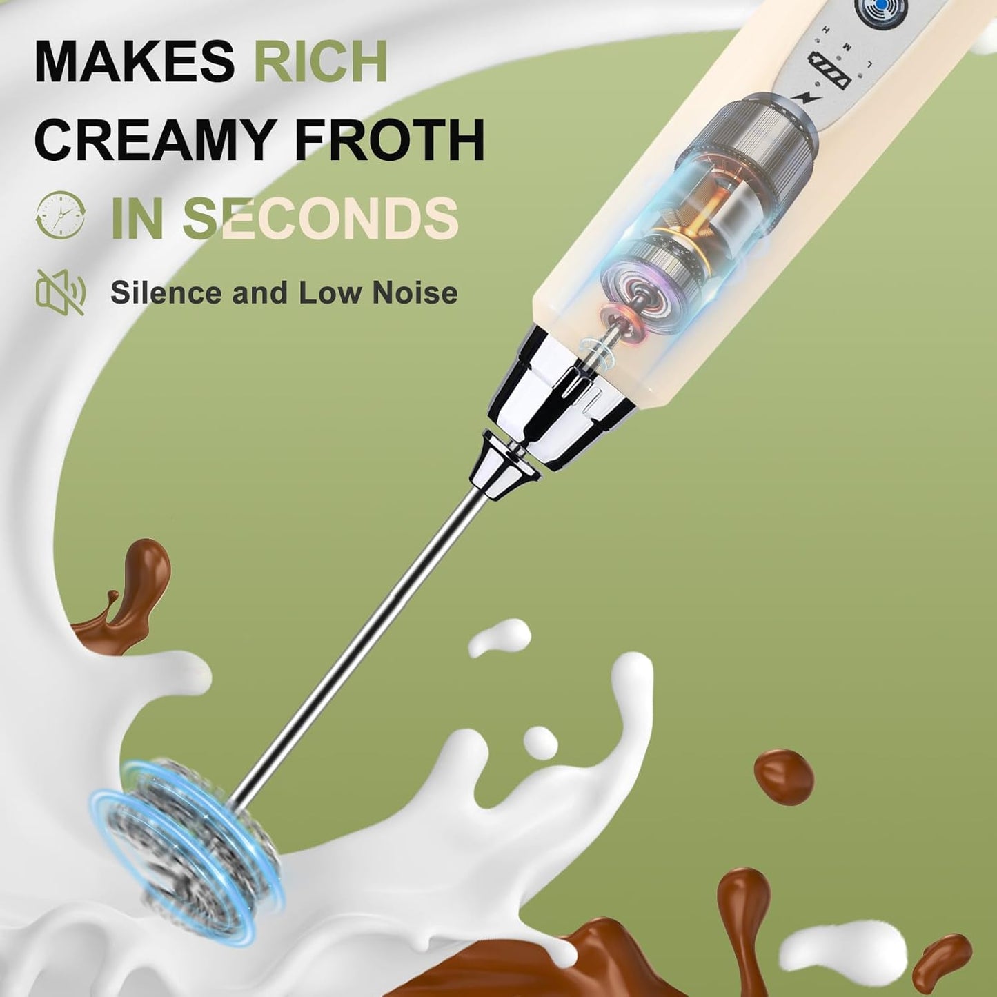 YUSWKO Beige Handheld Milk Frother Wand with Stand for Coffee, Rechargeable Electric Whisk with 3 Heads 3 Speeds Drink Mixer Coffee Frother For Latte, Cappuccino, Hot Chocolate, Egg