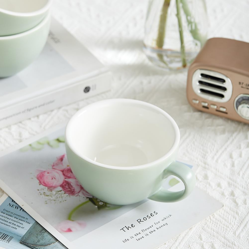 Set of 6 Matte Green 10 oz Professional Barista Ceramic Latte Art Cappuccino Cups Set (Matte Green * 6)