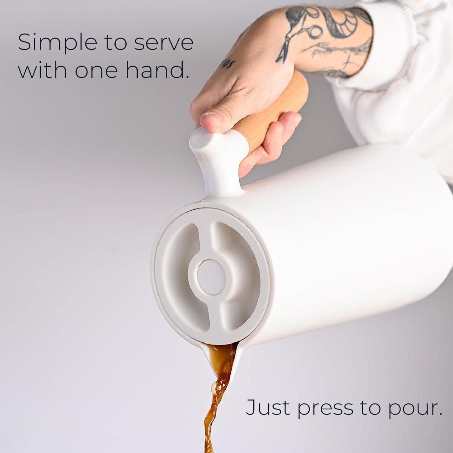 WOLFF - White Thermal Coffee Carafe – 34oz / 1L Insulated Carafe - Food-Safe Plastic Exterior and Glass Liner, Wood-Style Handle – Keeps Drinks Hot or Cold, Leakproof Coffee and Tea Dispenser