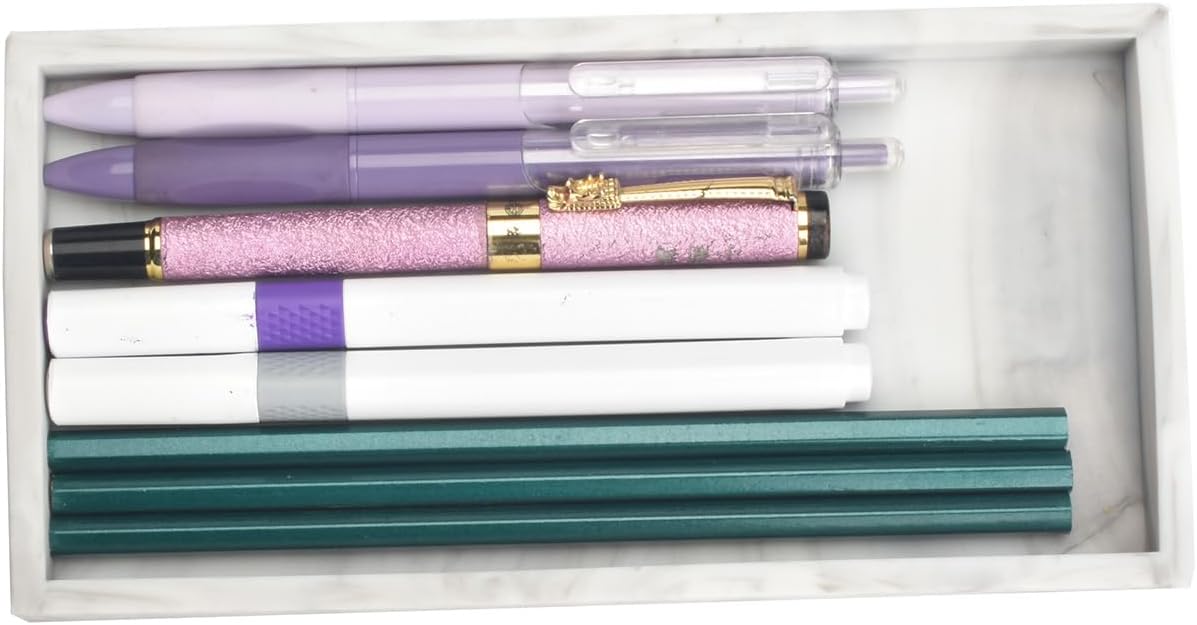 DNC 7.9" Small Silicone Bathroom Vanity Tray for Counter, Kitchen Sink Soap Tray for Dish Holder Dispenser Countertop Toilet Tank Desk Organizer Marble White