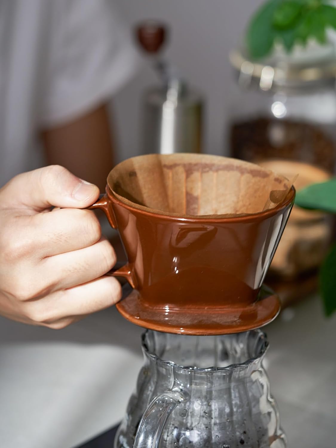 DOWAN Pour Over Coffee Dripper, Non Electric Pour Over Coffee Maker, Porcelain Slow Brewing Accessories for Home, Cafe, Restaurants, Easy Manual Brew Maker, Brown