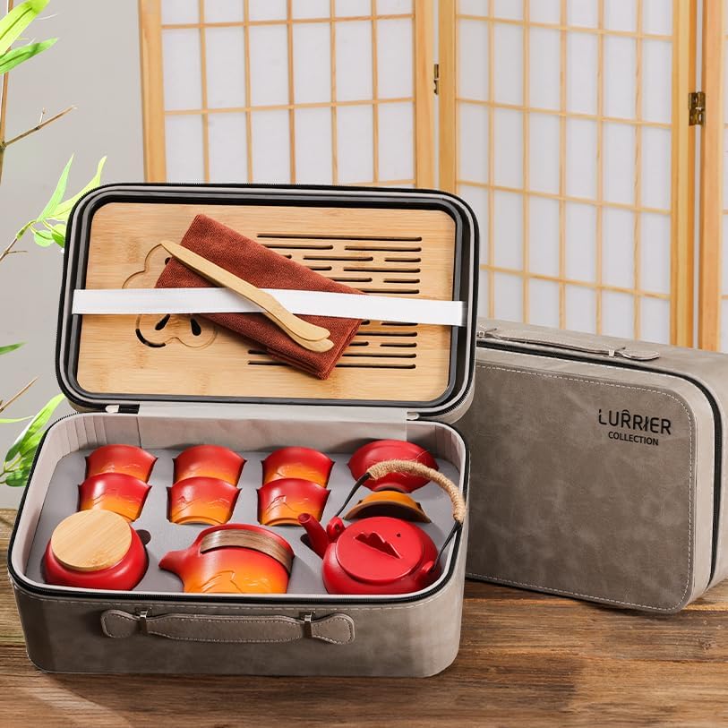 LURRIER Gongfu tea sets, Portable Ceramic TeaSet, Asian Tea sets for adult, Tea Gift sets, Grey leather case, Portable Travel Bag,Home,Gifting,Outdoor and Office(Red and Orange)