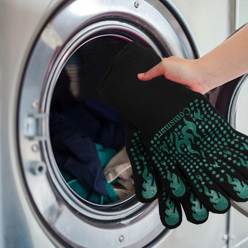 Comsmart BBQ Gloves, 1472°F Heat Resistant Grilling Gloves Silicone Non-Slip Oven Gloves Long Kitchen Gloves for Barbecue, Cooking, Baking, Short, Green