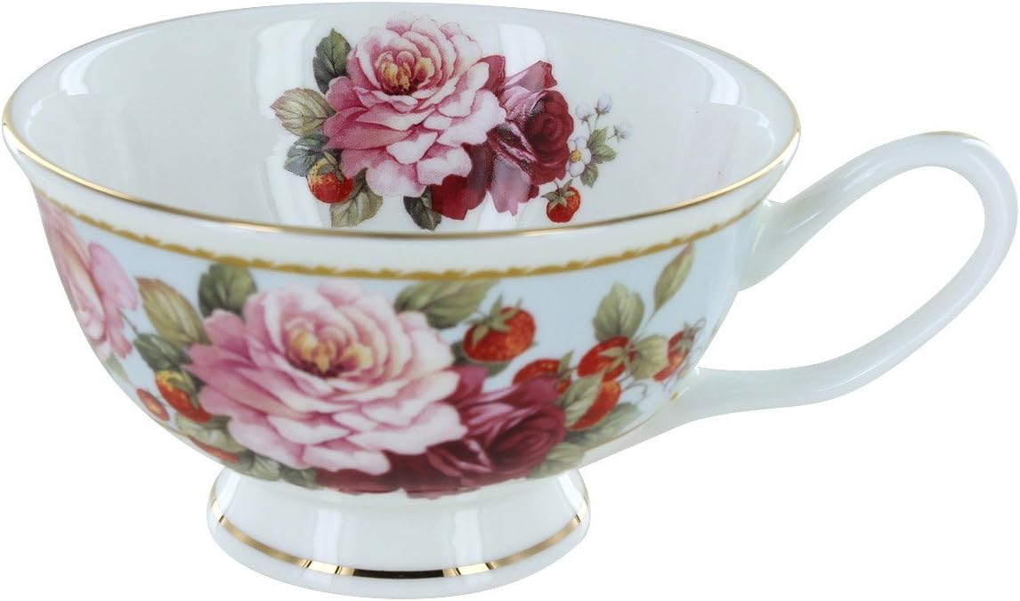 Peony and Strawberry Blue Bone China - Teacup and Saucer Set of 4