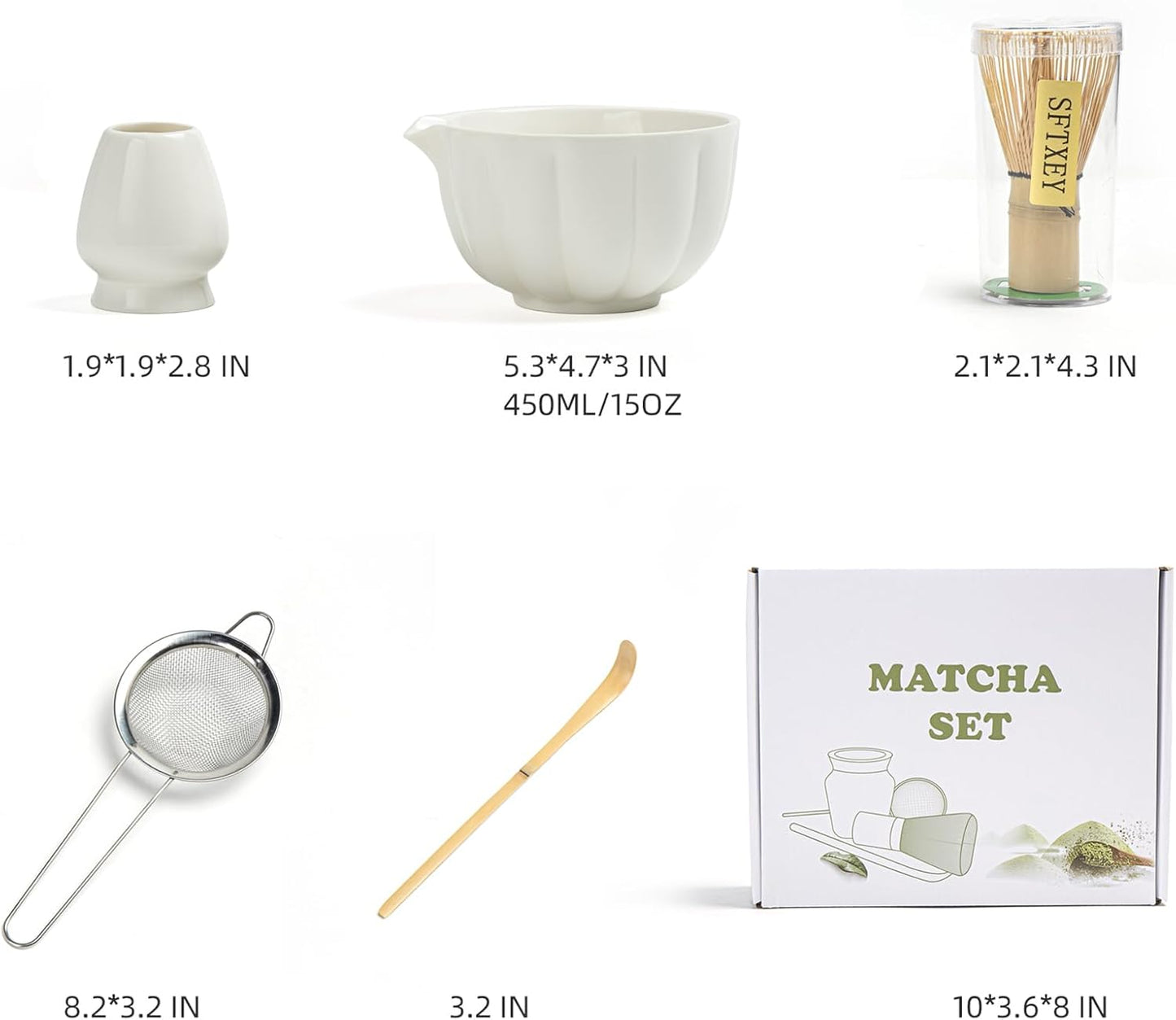 Matcha Whisk Set, Matcha Bowl with Spout, Matcha Whisk, Chasen Holder, Sifter, Bamboo Scoop - 5 Pcs Perfect Matcha Making Kit for Matcha Lover and Tea Ceremony (Pearl White)
