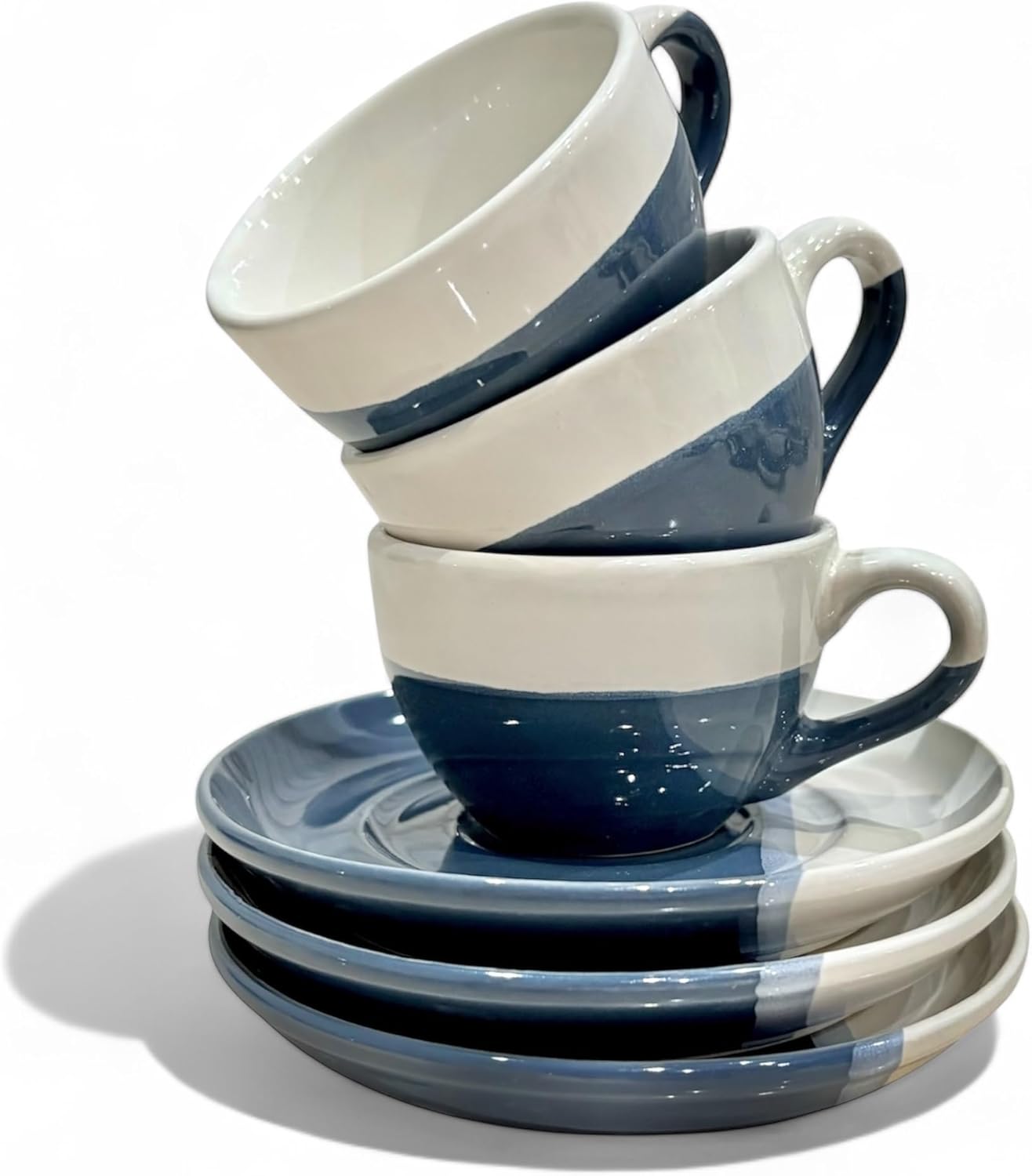 2 Ounce Espresso Cups with Saucers, Mini Ceramic Espresso Cups Set of 6, Espresso Cup Set, Coffee Mug Set for Latte, Macchiato, Demitasse Cups Set for Cafe, Microwave & Dishwasher Safe (Blue)